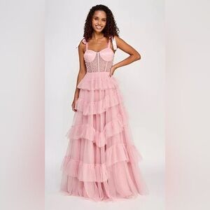 Romantic Pink Tiered Tulle Maxi Dress with Sheer Corset Bodice